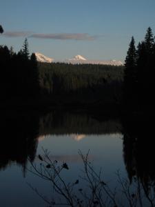 Three Sisters in the setting sun over Clear Lake