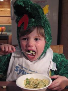 Two of Sylvan’s favorite things: dragon costume and mac ‘n’ cheese