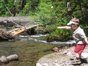 Sylvan throws rocks into the Middle Fork