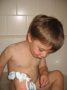 Sylvan and shaving cream in the tub
