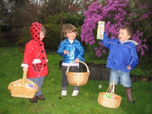 Sylvan, Wynnona, and Cole hunt for eggs