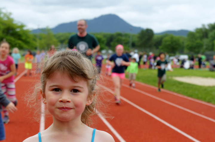 At the Jog-a-thon last May. Elena ran 4.5 miles in an hour. Yes, I was impressed.